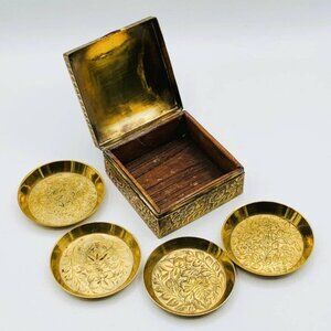 Vintage Indian Brass Engraved Coasters with Rosewood & Brass Engraved Box.